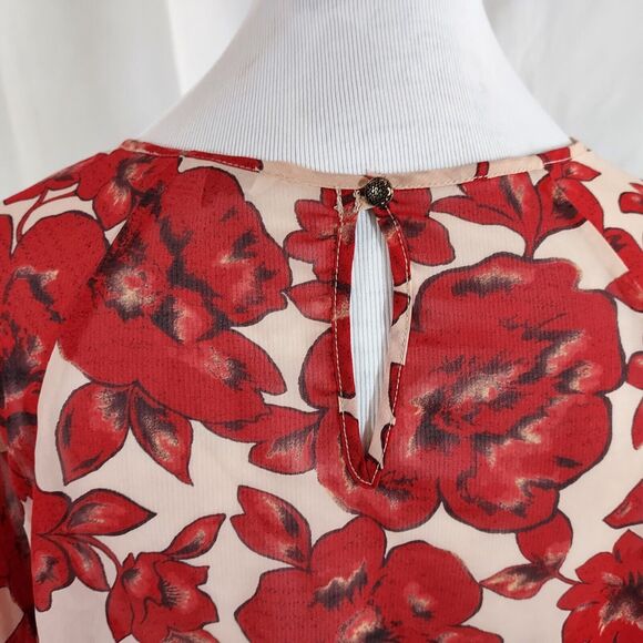 Forever 21 Shirt Top Blouse Size Small Sheer Floral Keyhole Button Red Beige - Picture 6 of 11